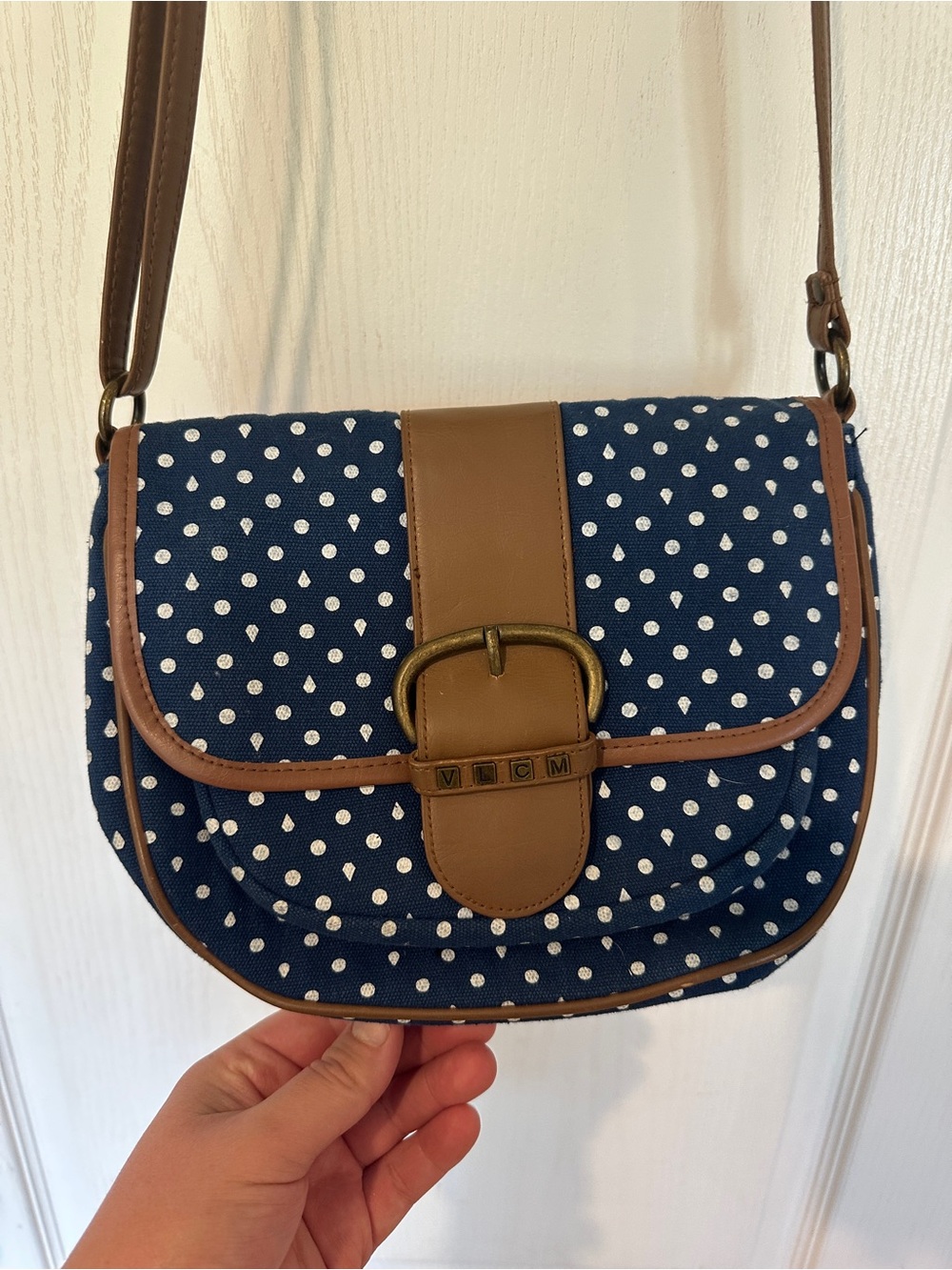 Volcom Navy Polka Dot Crossbody with Brown Trim